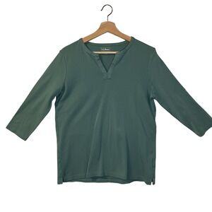 LL Bean Womens Pima Cotton 3/4 Sleeve Notch Neck Top Sage Green Large